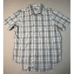 Filson Mens Large Green Tan Plaid Short Sleeve Vented Button Front Shirt Fishing